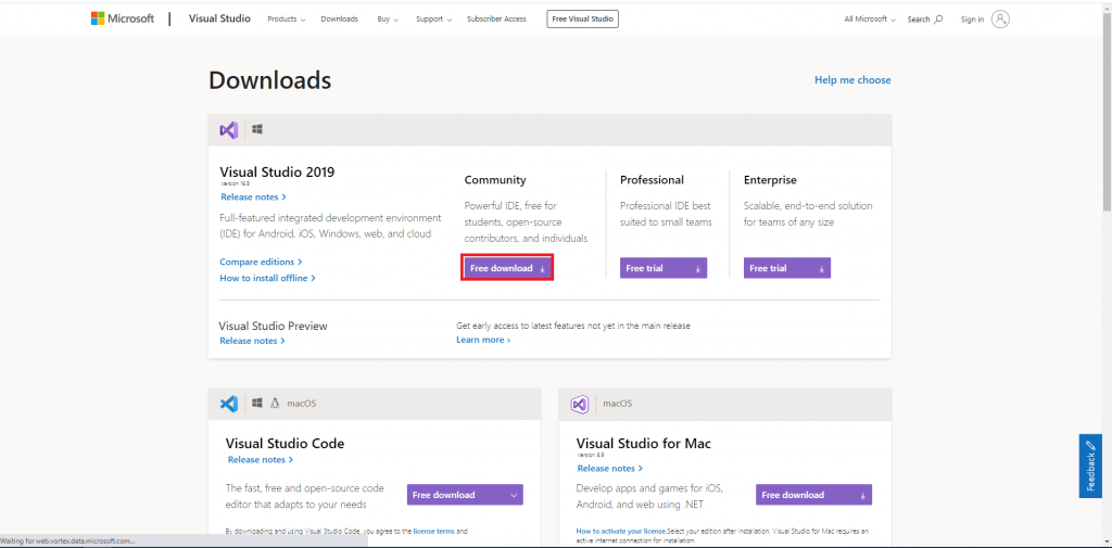 download page of Microsoft for visual studio for developing ASP.NET Core application
